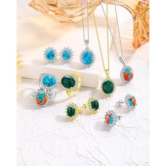 Sterling Silver 3.3 Carat Turquoise & White Sapphire Pendant Necklace, Adjustabl - Picture 7 of 7